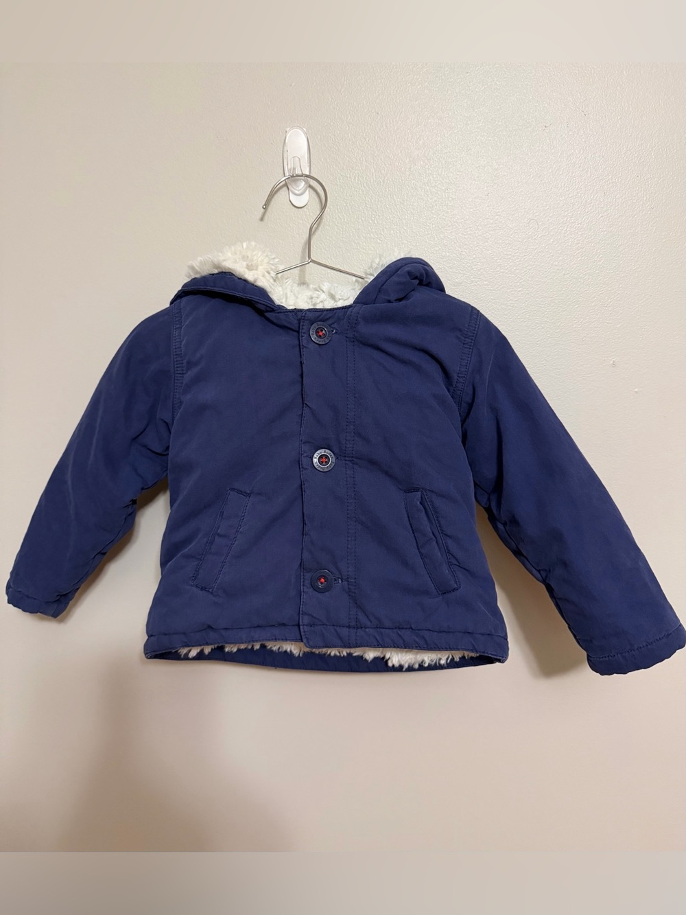 Baby Boden Navy Hooded Jacket with Faux-Sherpa Lining
